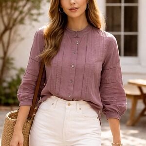 Ex Voto Olivia Plum Pintuck Lace Cotton Blouse Quiet Luxury Boho NWT